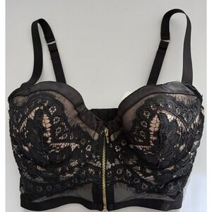 Victoria's Secret Bra Size 34D Lace Lined Demi Buste Zipper Black Gold